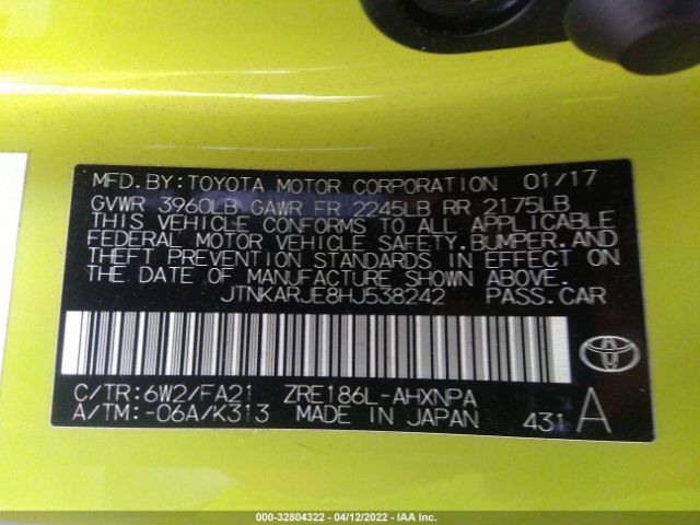 Photo 8 VIN: JTNKARJE8HJ538242 - TOYOTA COROLLA IM 