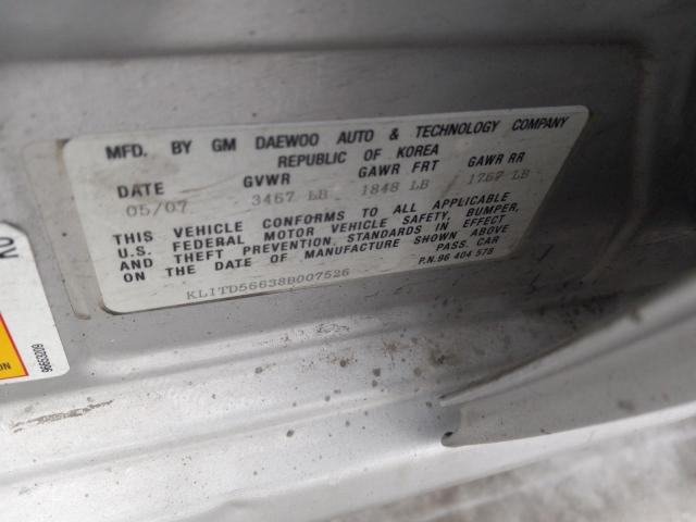 Photo 11 VIN: KL1TD56638B007526 - CHEVROLET AVEO BASE 