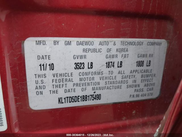 Photo 8 VIN: KL1TD5DE1BB175490 - CHEVROLET AVEO 