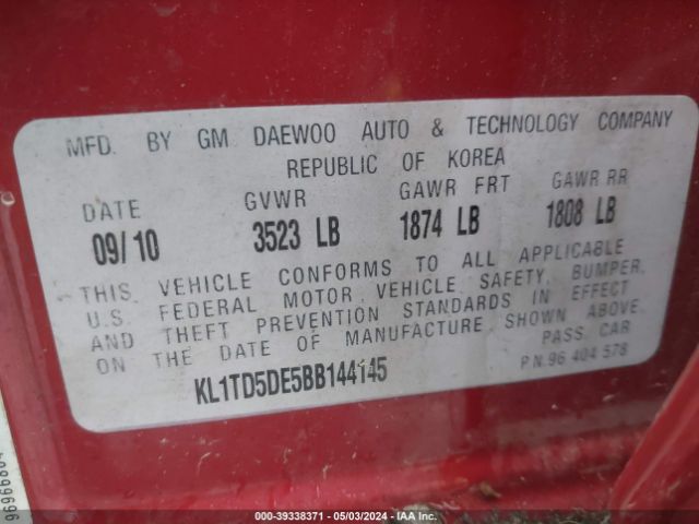 Photo 8 VIN: KL1TD5DE5BB144145 - CHEVROLET AVEO 