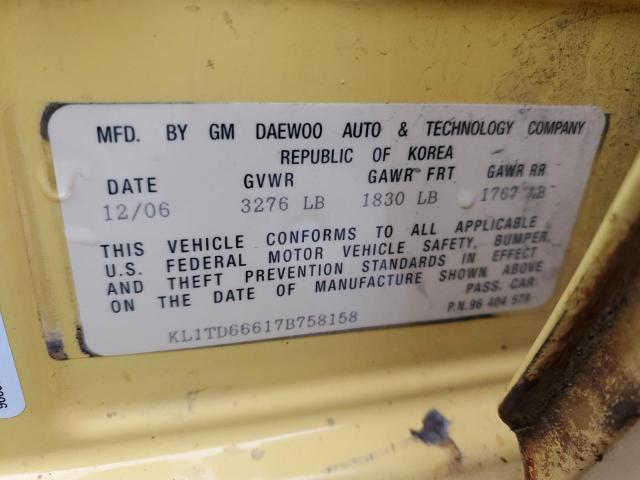 Photo 11 VIN: KL1TD66617B758158 - CHEVROLET AVEO BASE 