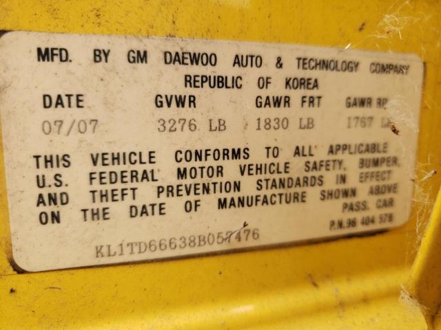 Photo 11 VIN: KL1TD66638B057476 - CHEVROLET AVEO BASE 