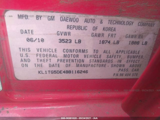 Photo 8 VIN: KL1TG5DE4BB116246 - CHEVROLET AVEO 