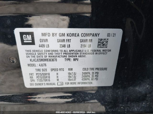 Photo 8 VIN: KL4CJESM0MB363670 - BUICK ENCORE 