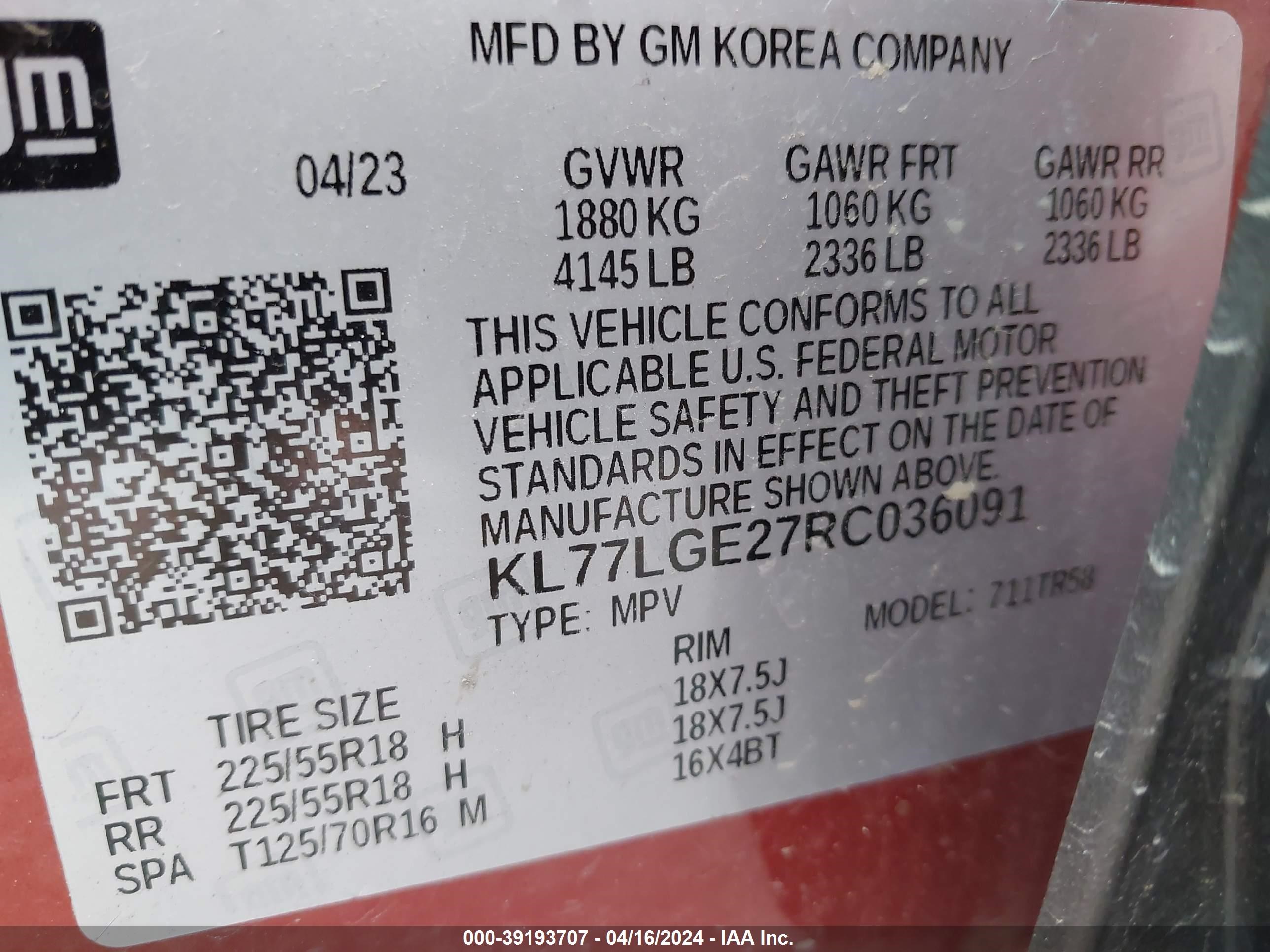 Photo 8 VIN: KL77LGE27RC036091 - CHEVROLET TRAX 