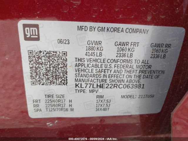 Photo 8 VIN: KL77LHE22RC063981 - CHEVROLET TRAX 