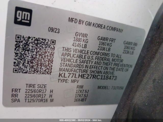 Photo 8 VIN: KL77LHE27RC118473 - CHEVROLET TRAX 