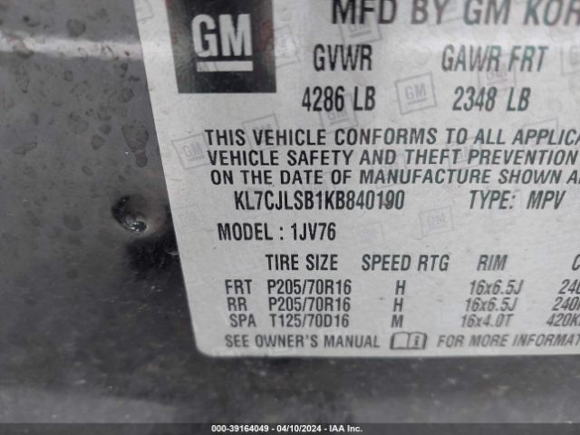 Photo 8 VIN: KL7CJLSB1KB840190 - CHEVROLET TRAX 