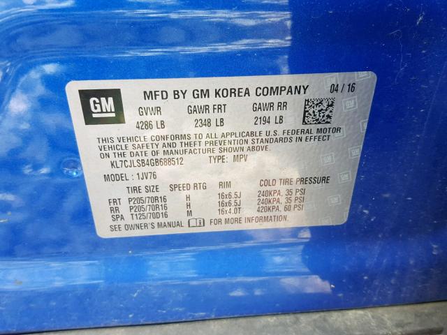 Photo 9 VIN: KL7CJLSB4GB688512 - CHEVROLET TRAX 1LT 