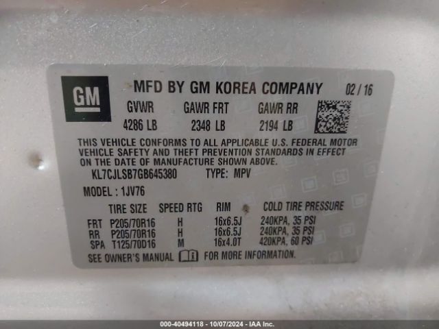 Photo 8 VIN: KL7CJLSB7GB645380 - CHEVROLET TRAX 