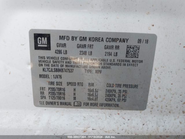 Photo 8 VIN: KL7CJLSB8KB747537 - CHEVROLET TRAX 