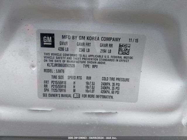 Photo 8 VIN: KL7CJMSB6GB562528 - CHEVROLET TRAX 