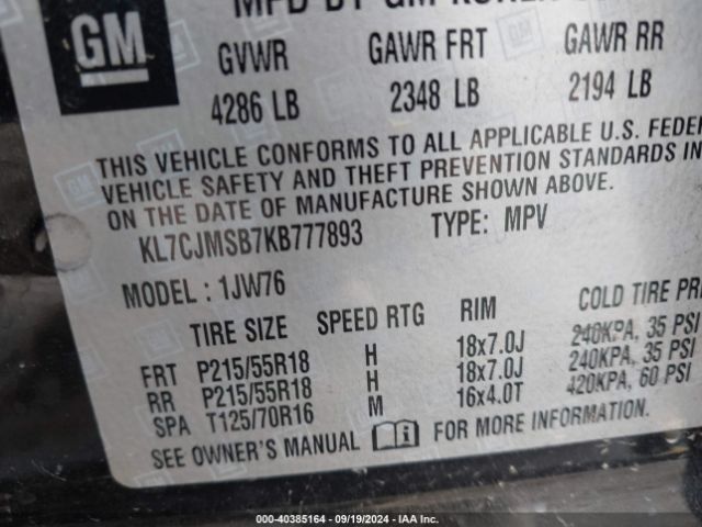 Photo 8 VIN: KL7CJMSB7KB777893 - CHEVROLET TRAX 