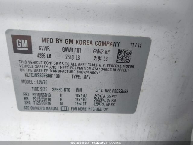 Photo 8 VIN: KL7CJNSB0FB081100 - CHEVROLET TRAX 