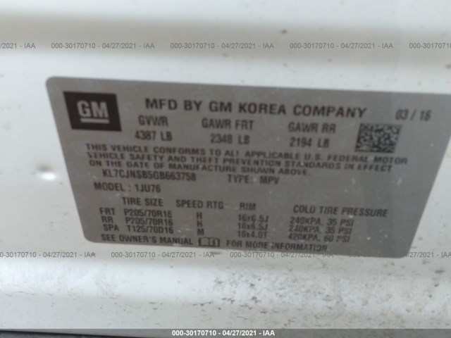 Photo 8 VIN: KL7CJNSB5GB663758 - CHEVROLET TRAX 