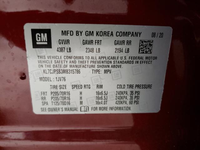 Photo 9 VIN: KL7CJPSB3MB315786 - CHEVROLET TRAX 1LT 