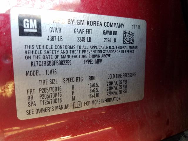 Photo 9 VIN: KL7CJRSB8FB083359 - CHEVROLET TRAX 1LT 