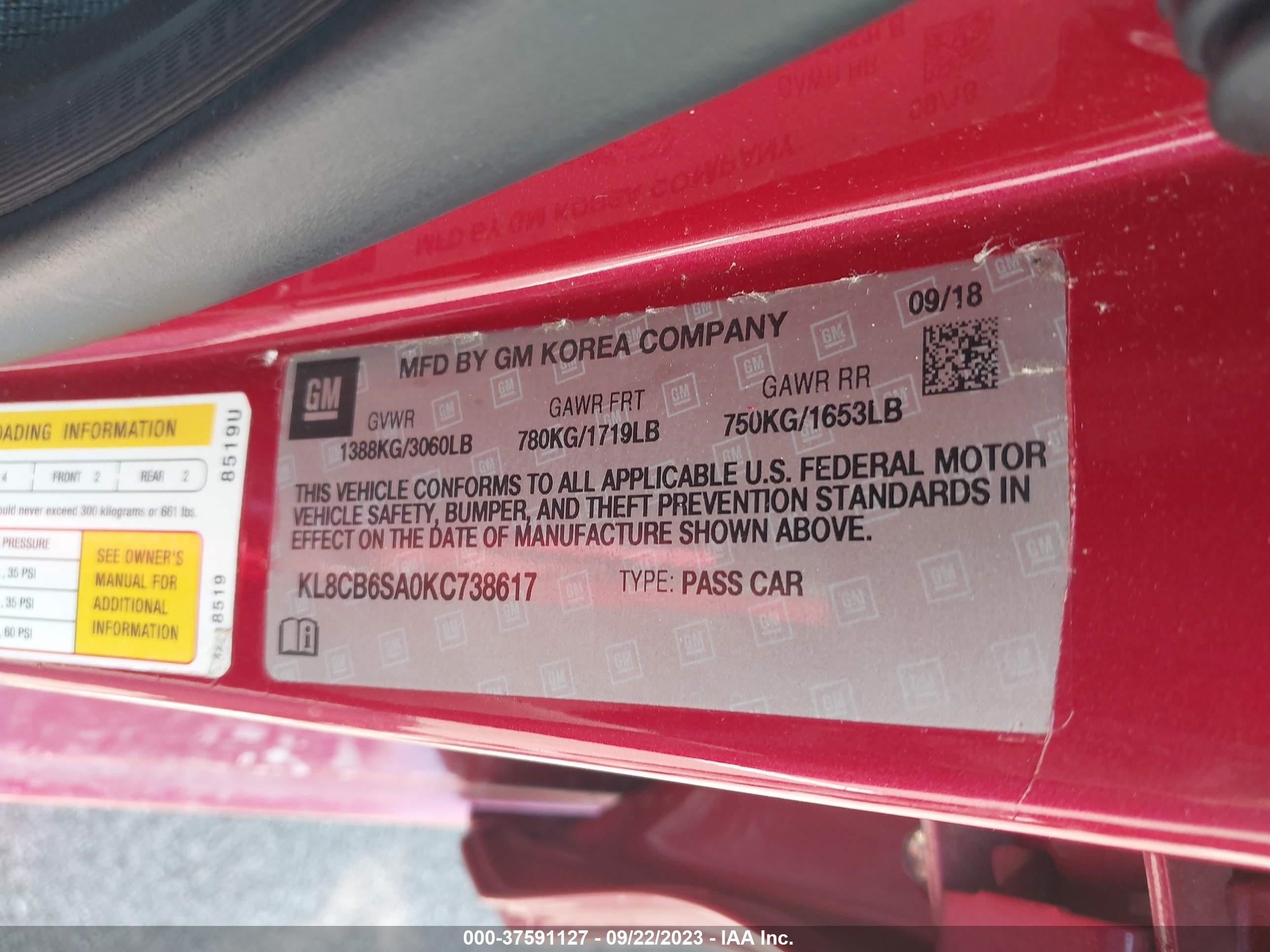 Photo 8 VIN: KL8CB6SA0KC738617 - CHEVROLET SPARK 