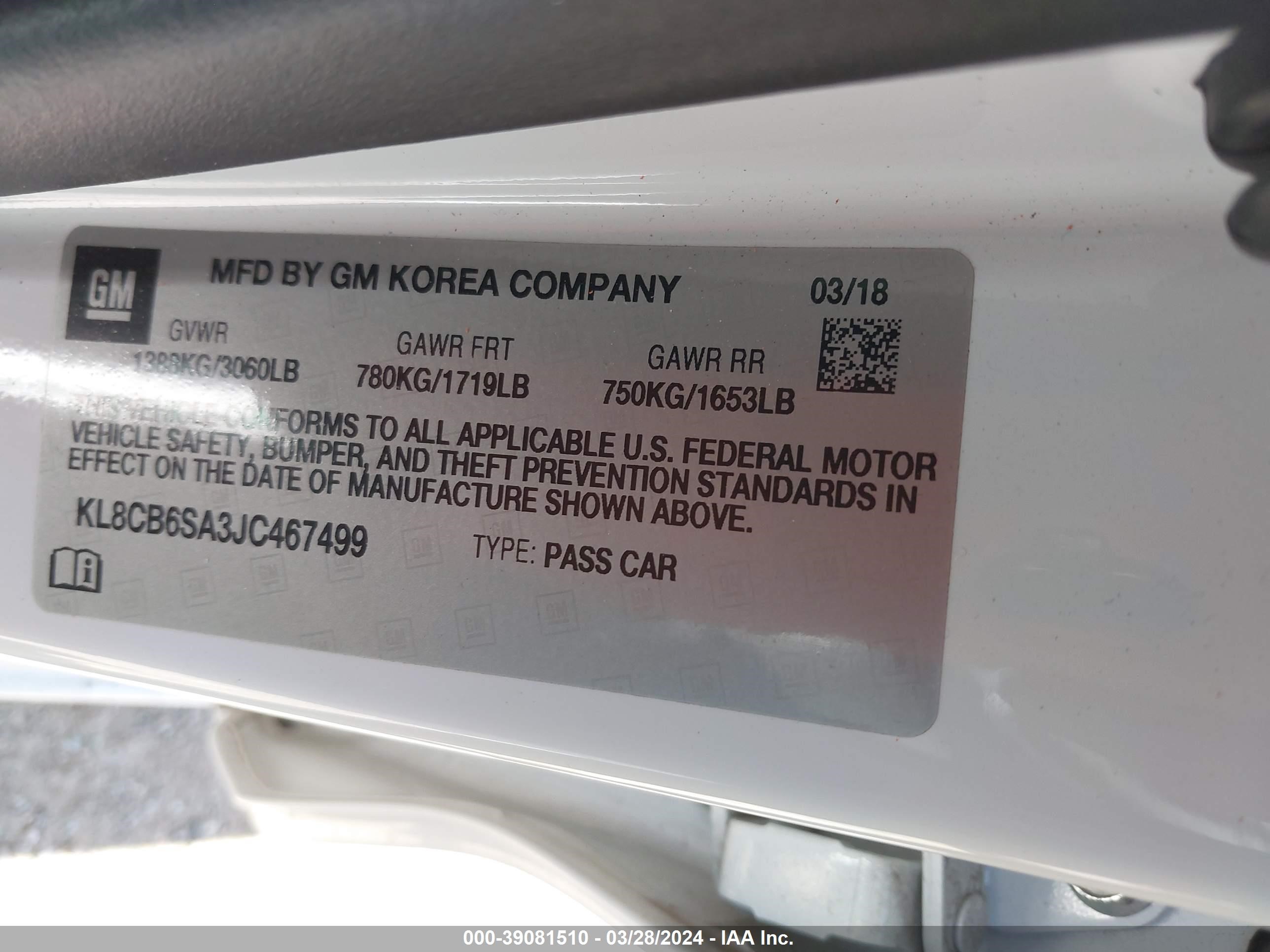 Photo 8 VIN: KL8CB6SA3JC467499 - CHEVROLET SPARK 