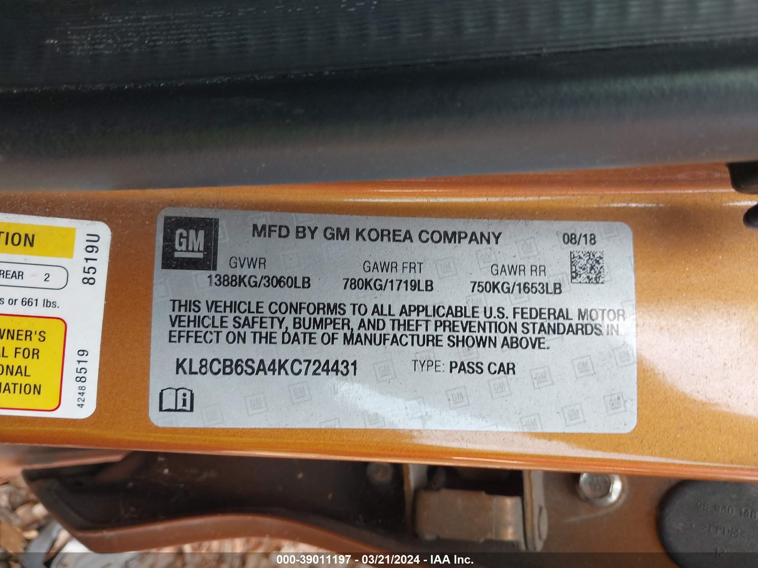 Photo 9 VIN: KL8CB6SA4KC724431 - CHEVROLET SPARK 