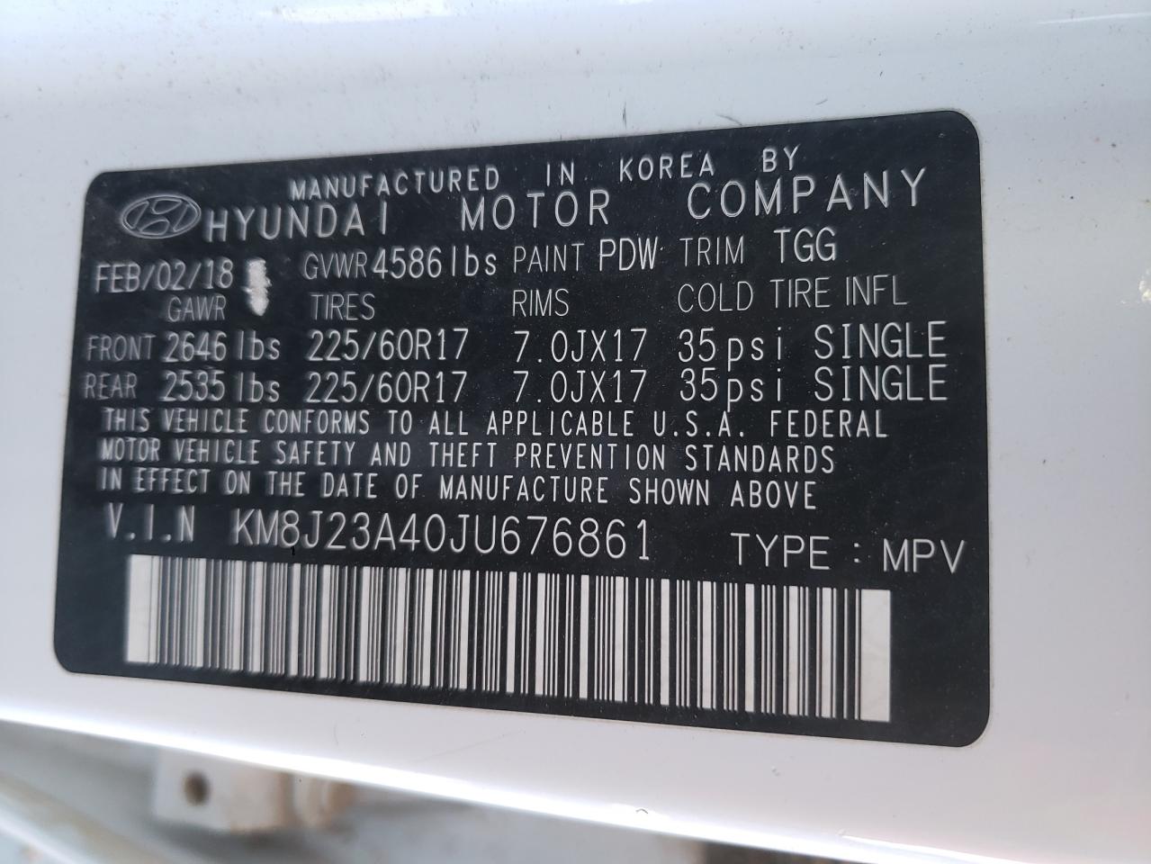 Photo 12 VIN: KM8J23A40JU676861 - HYUNDAI TUCSON 