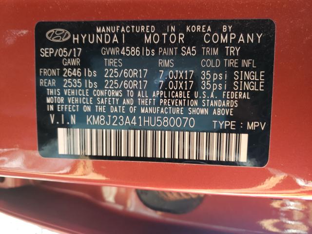 Photo 9 VIN: KM8J23A41HU580070 - HYUNDAI TUCSON SE 