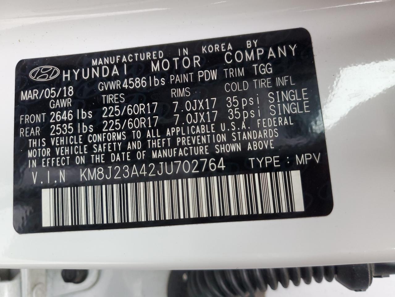 Photo 12 VIN: KM8J23A42JU702764 - HYUNDAI TUCSON 