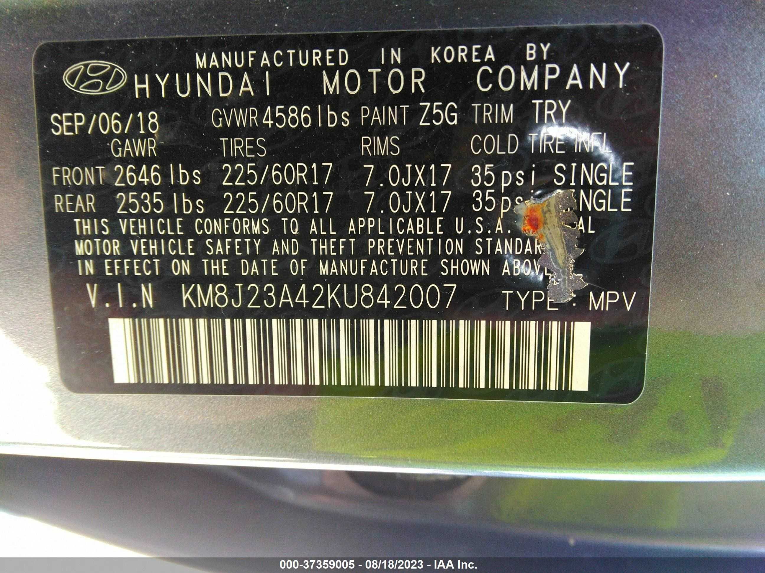 Photo 8 VIN: KM8J23A42KU842007 - HYUNDAI TUCSON 