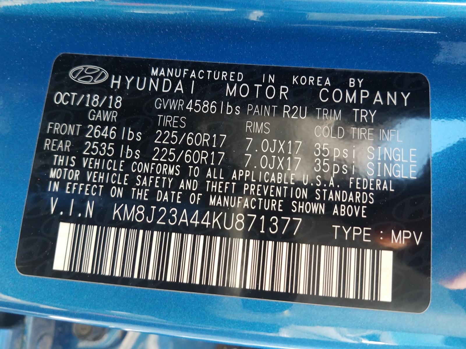 Photo 9 VIN: KM8J23A44KU871377 - HYUNDAI TUCSON SE 