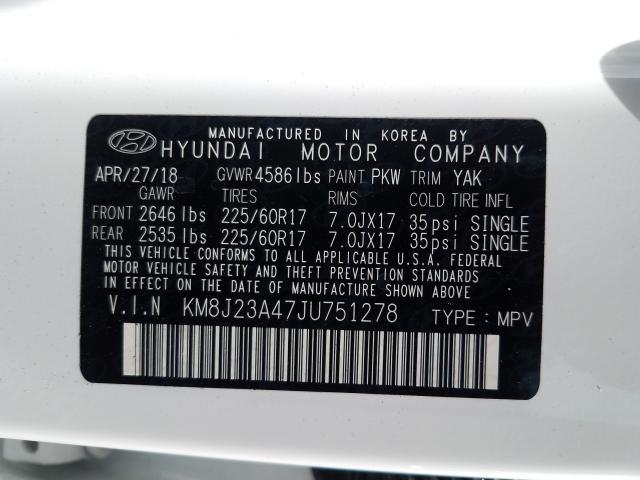 Photo 9 VIN: KM8J23A47JU751278 - HYUNDAI TUCSON SE 