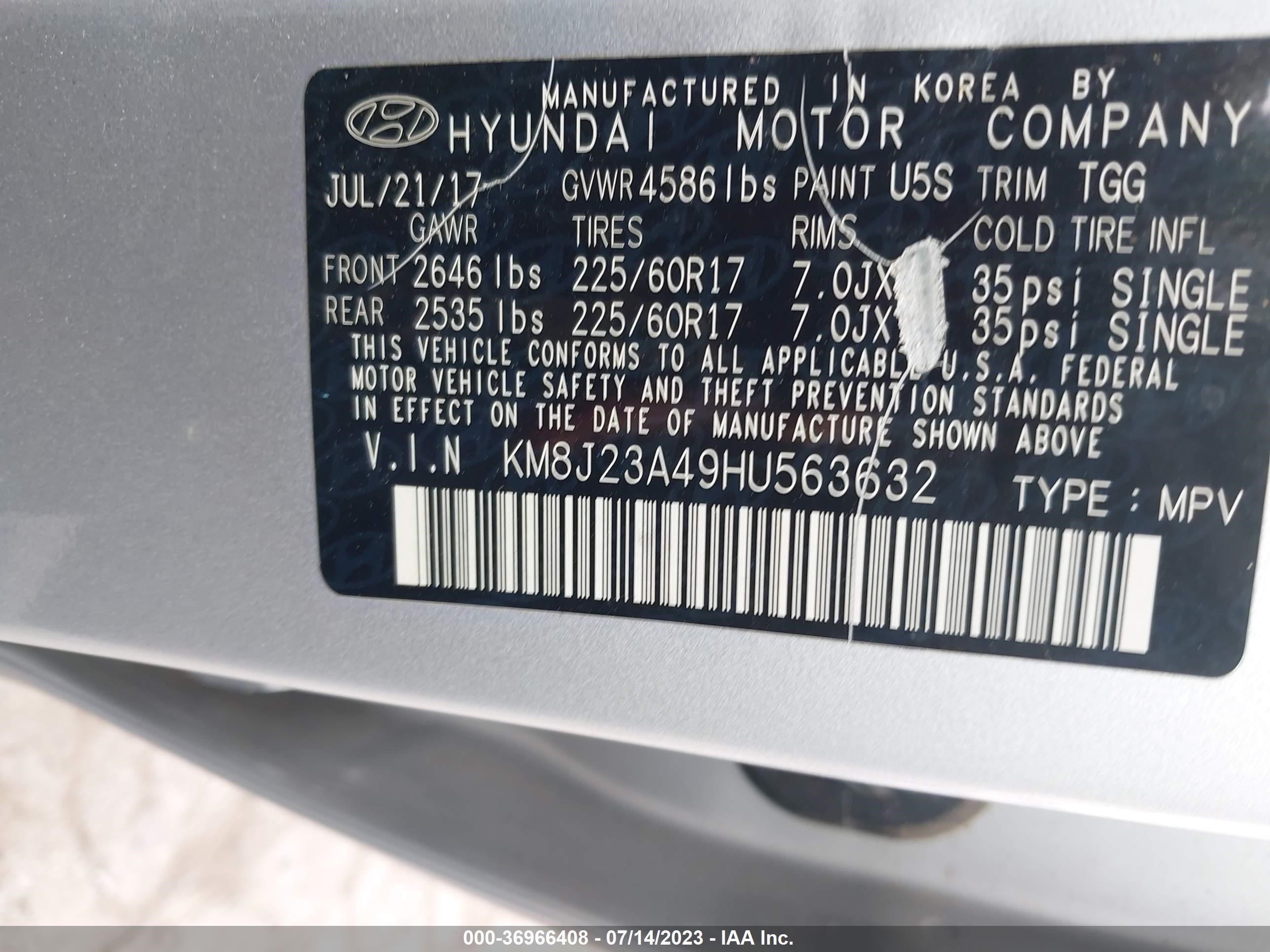 Photo 8 VIN: KM8J23A49HU563632 - HYUNDAI TUCSON 