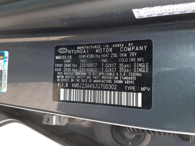 Photo 9 VIN: KM8J23A49JU700302 - HYUNDAI TUCSON SE 