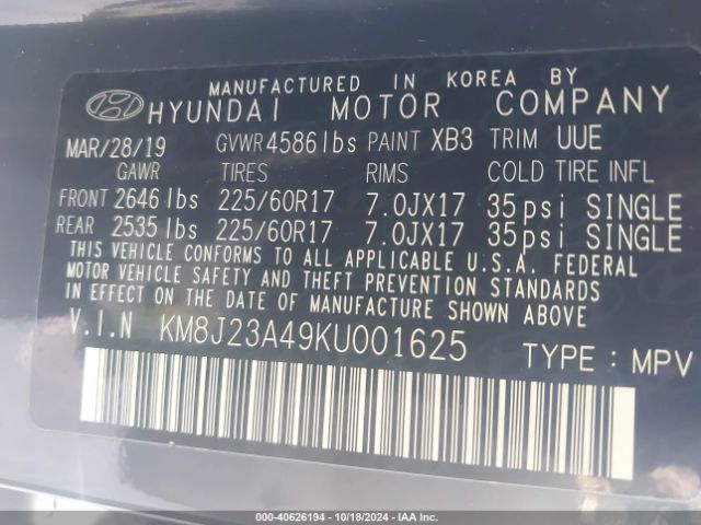 Photo 8 VIN: KM8J23A49KU001625 - HYUNDAI TUCSON 