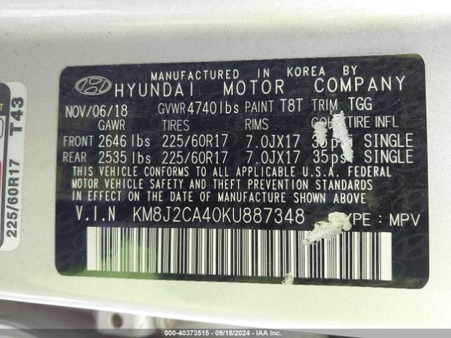 Photo 8 VIN: KM8J2CA40KU887348 - HYUNDAI TUCSON 