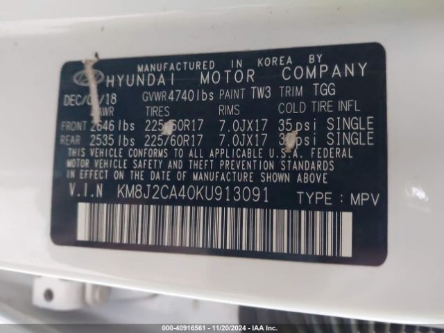 Photo 8 VIN: KM8J2CA40KU913091 - HYUNDAI TUCSON 