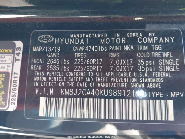 Photo 8 VIN: KM8J2CA40KU989121 - HYUNDAI TUCSON 