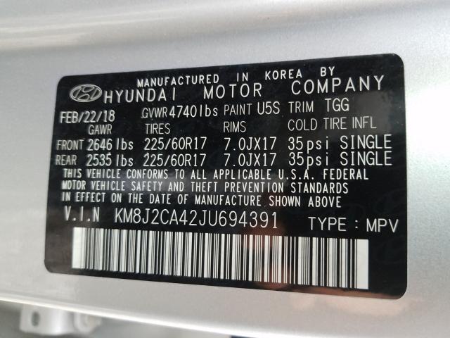 Photo 9 VIN: KM8J2CA42JU694391 - HYUNDAI TUCSON SE 