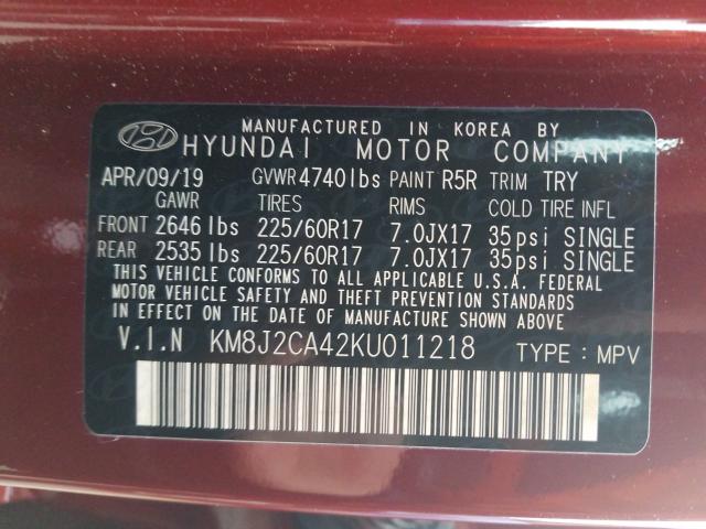 Photo 9 VIN: KM8J2CA42KU011218 - HYUNDAI TUCSON SE 