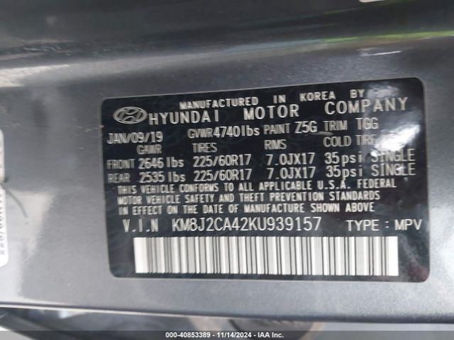 Photo 8 VIN: KM8J2CA42KU939157 - HYUNDAI TUCSON 