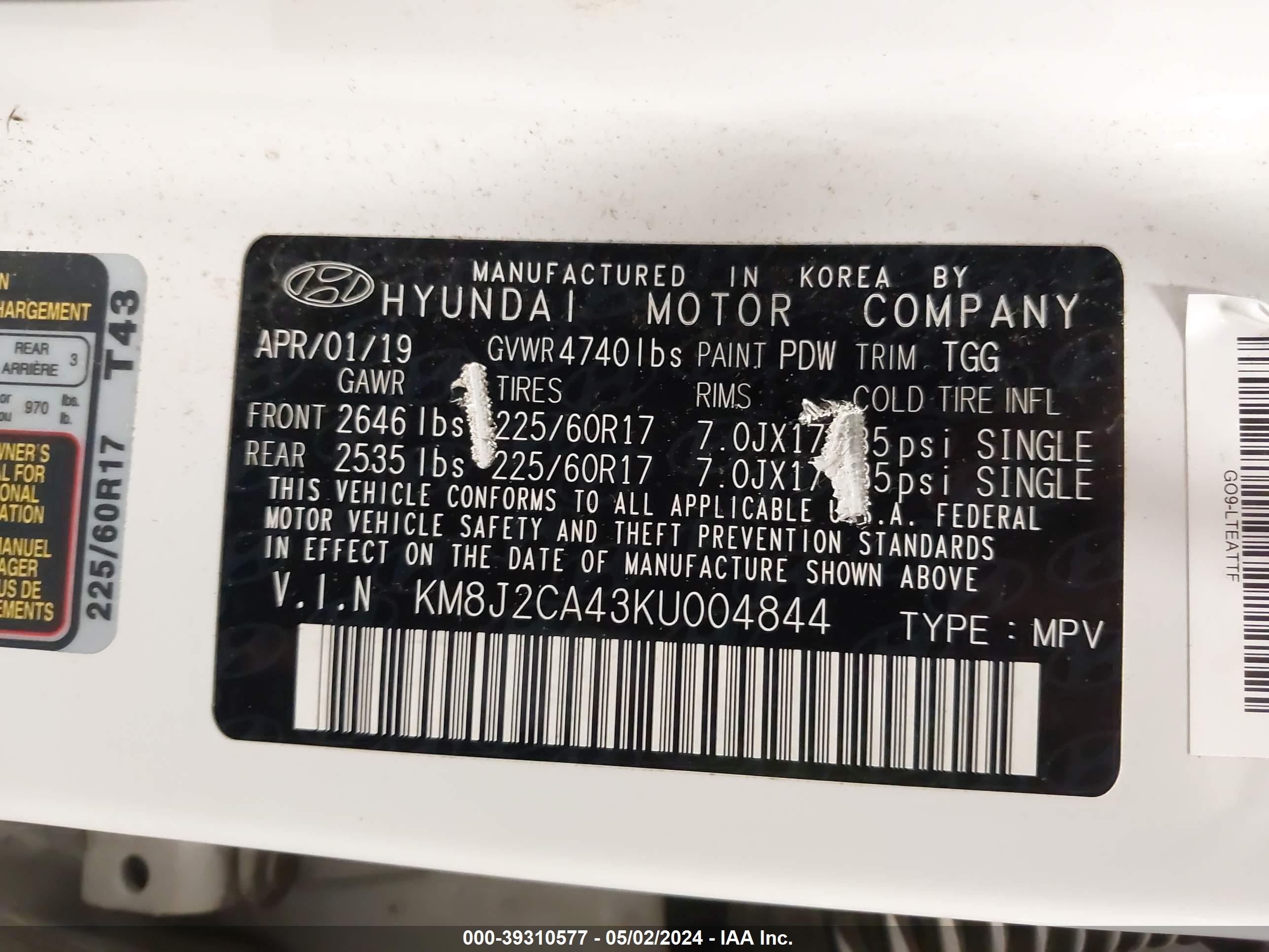 Photo 4 VIN: KM8J2CA43KU004844 - HYUNDAI TUCSON 