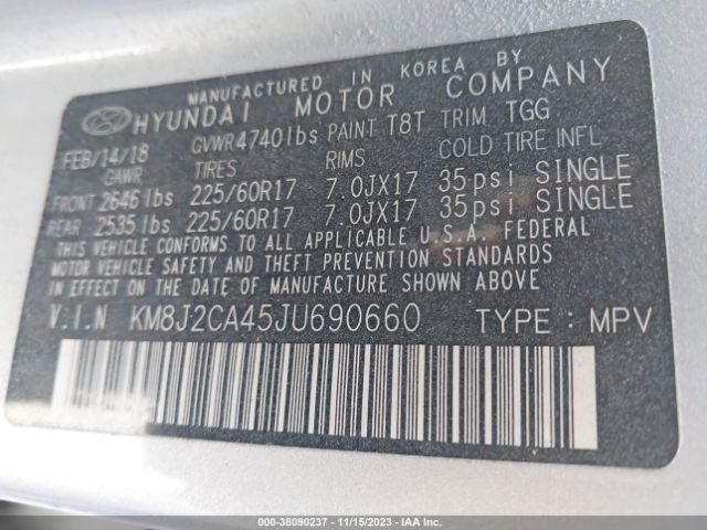 Photo 8 VIN: KM8J2CA45JU690660 - HYUNDAI TUCSON 