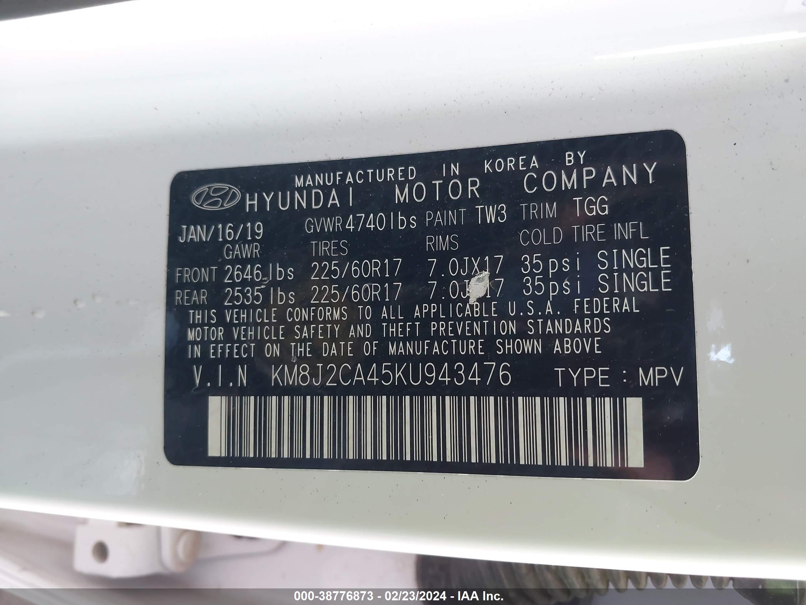 Photo 8 VIN: KM8J2CA45KU943476 - HYUNDAI TUCSON 