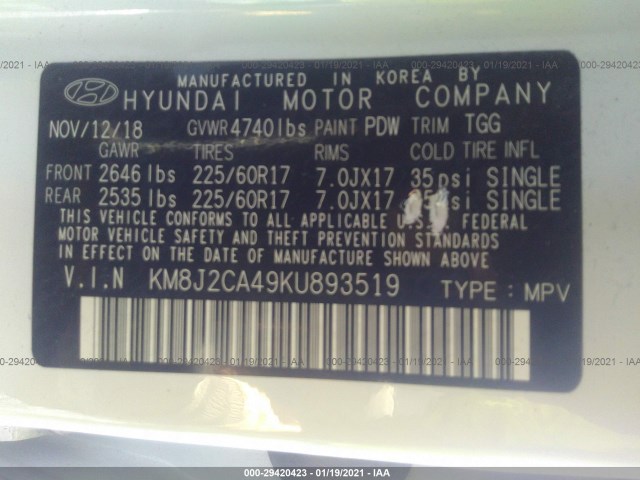 Photo 8 VIN: KM8J2CA49KU893519 - HYUNDAI TUCSON 