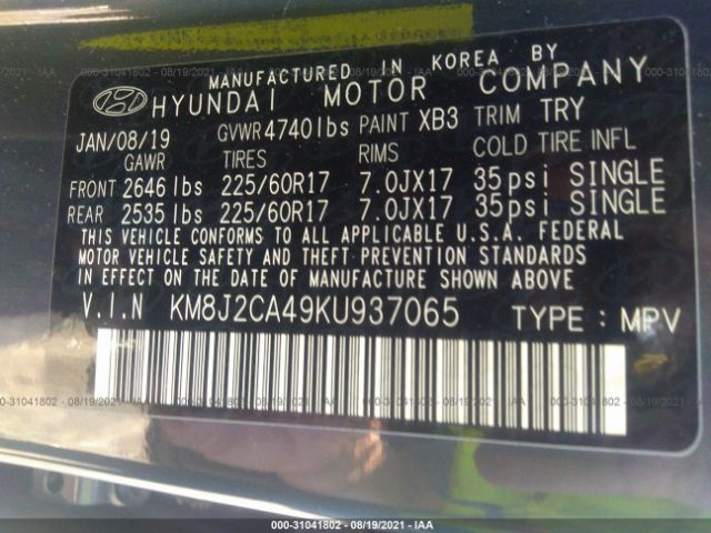 Photo 8 VIN: KM8J2CA49KU937065 - HYUNDAI TUCSON 