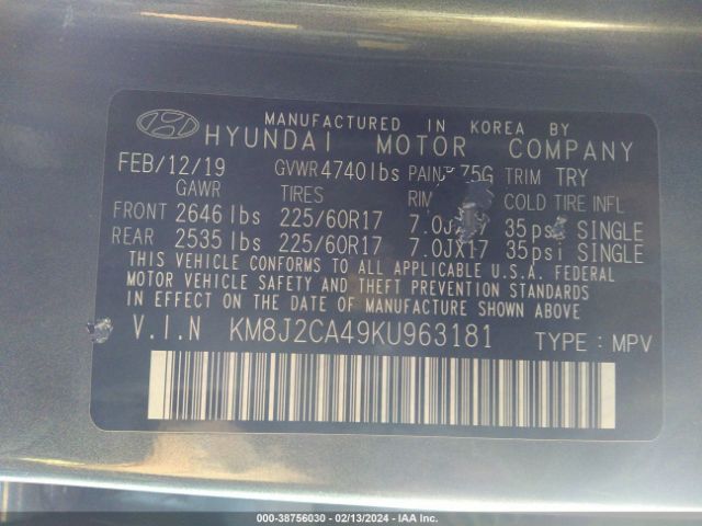 Photo 8 VIN: KM8J2CA49KU963181 - HYUNDAI TUCSON 