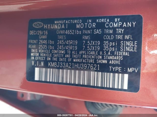 Photo 8 VIN: KM8J33A21HU397621 - HYUNDAI TUCSON 