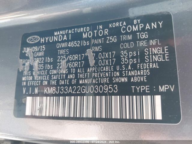 Photo 8 VIN: KM8J33A22GU030953 - HYUNDAI TUCSON 