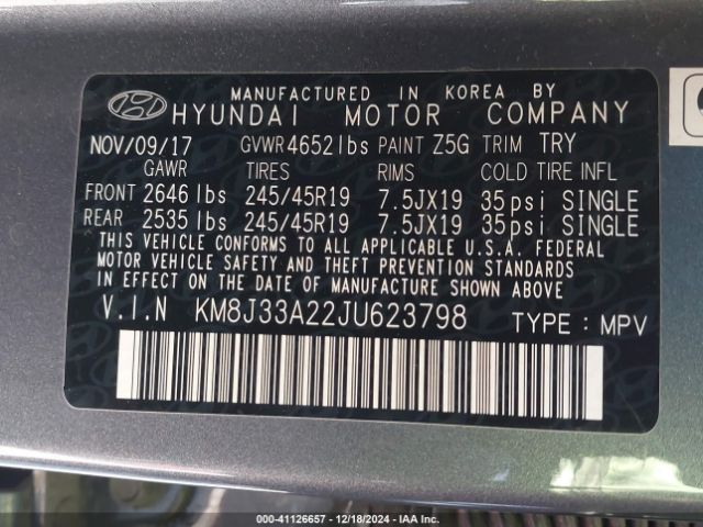 Photo 8 VIN: KM8J33A22JU623798 - HYUNDAI TUCSON 