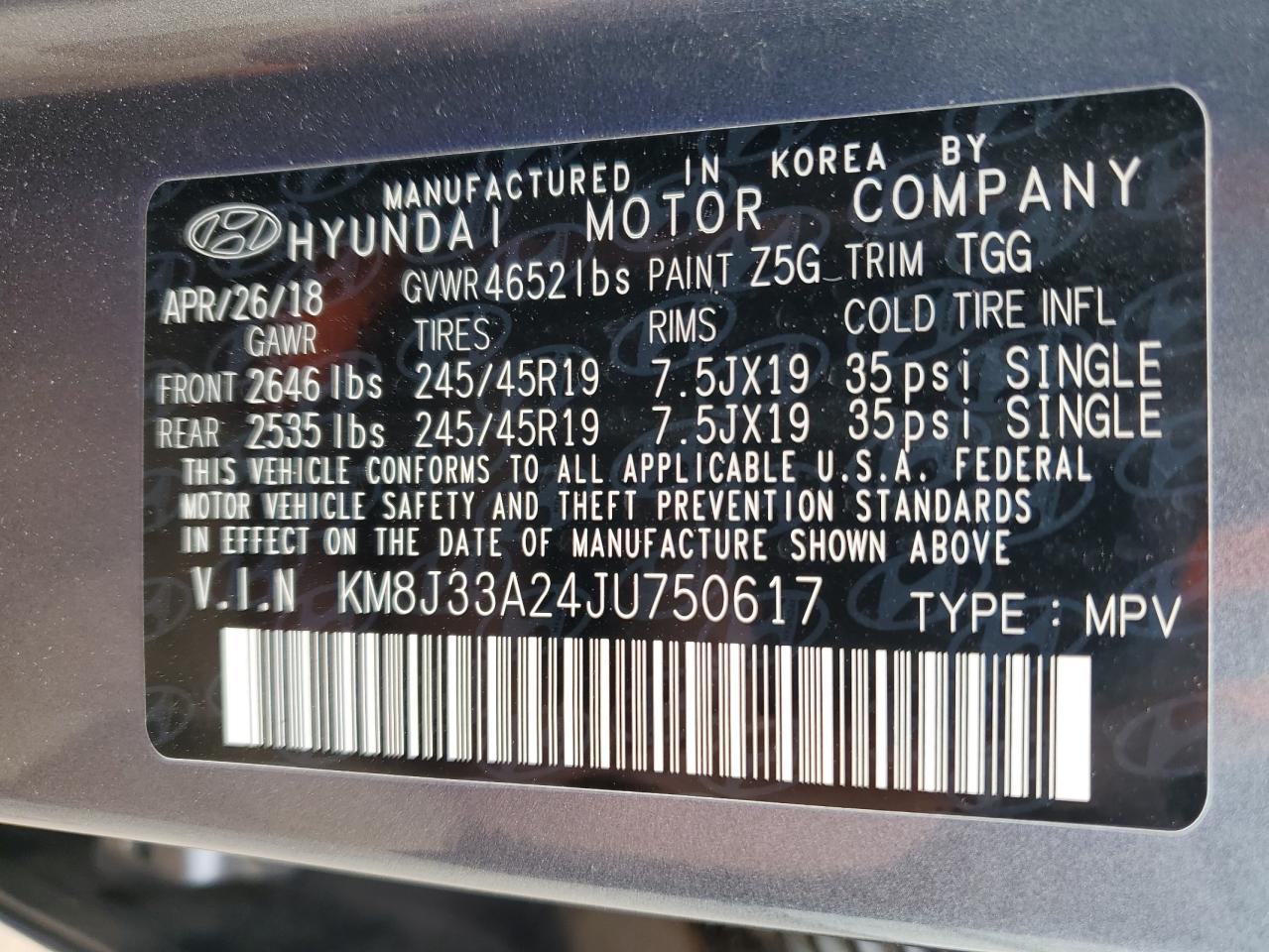 Photo 12 VIN: KM8J33A24JU750617 - HYUNDAI TUCSON 