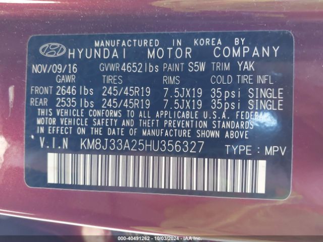 Photo 8 VIN: KM8J33A25HU356327 - HYUNDAI TUCSON 